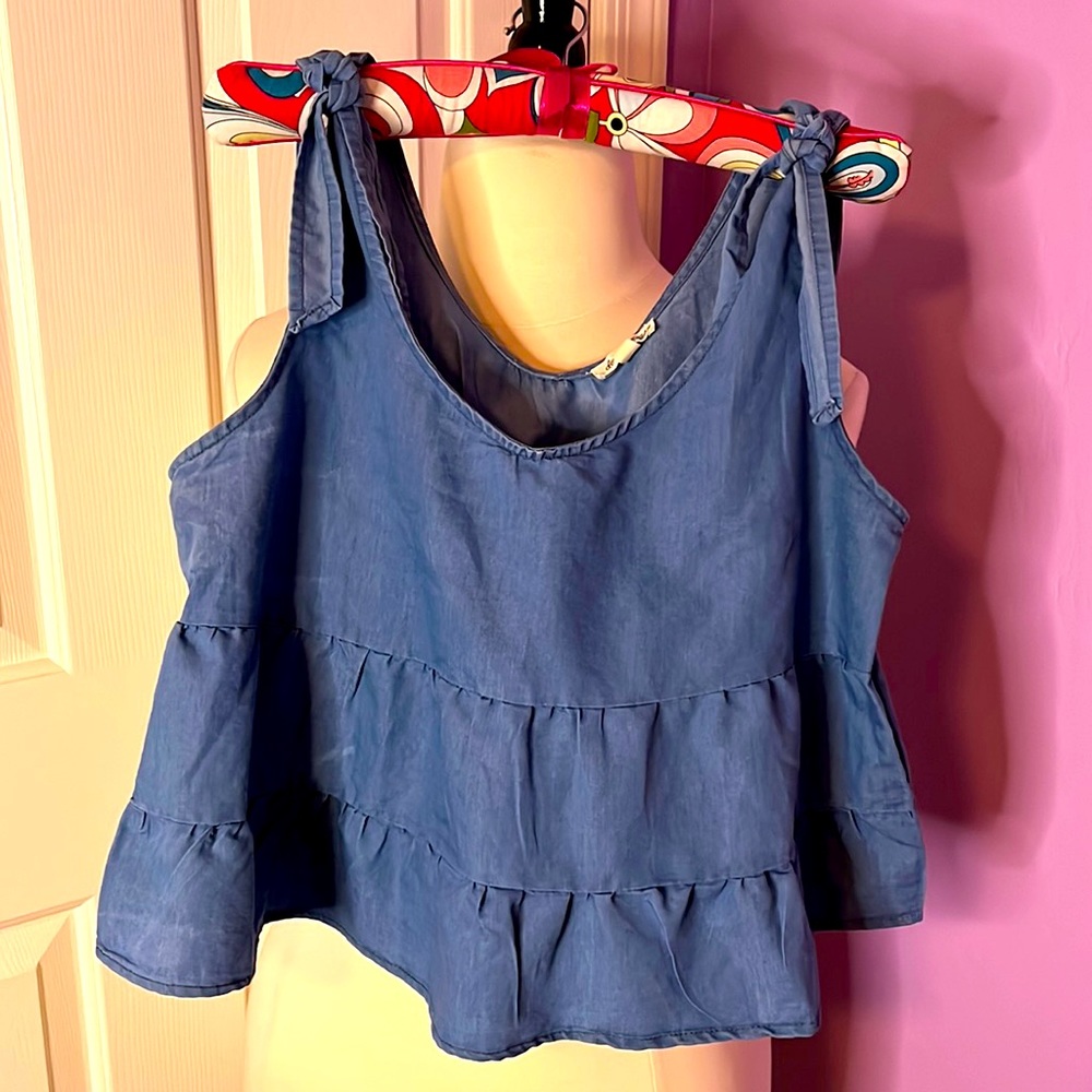 Derek Heart Light Denim Blue Ruffled Top